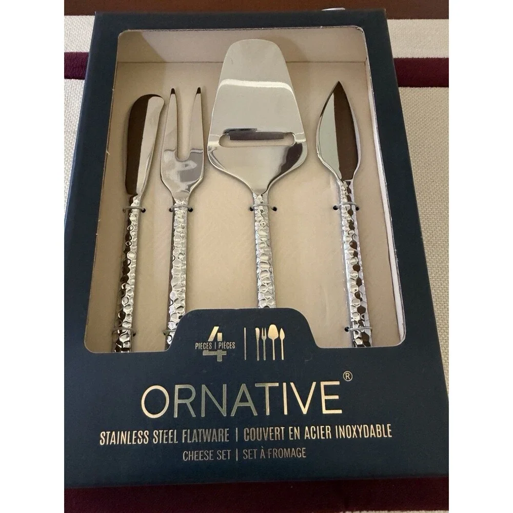 Ornative 4 Piece Stainless Steel Cheese Set Hammered Handle Slicer Spreader Fork
